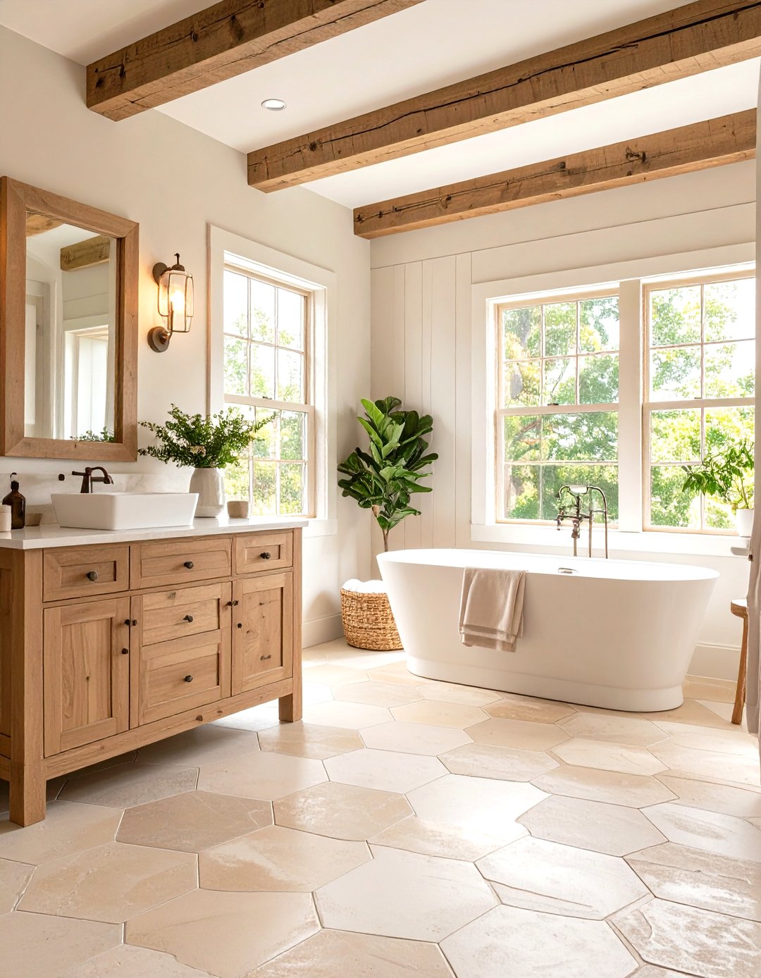 24 Bathrooms with Hexagon Tile Floors to Brighten Baths - Too Much Time
