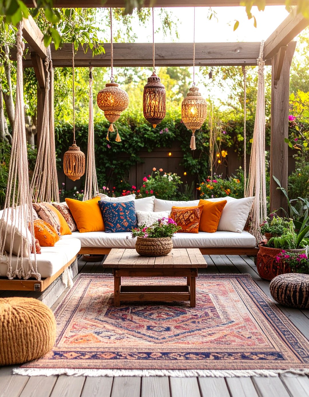 24 Outdoor Living Space Ideas to Transform Porches - Too Much Time - Bohemian-Inspired Outdoor Spaces With Versatile Seating