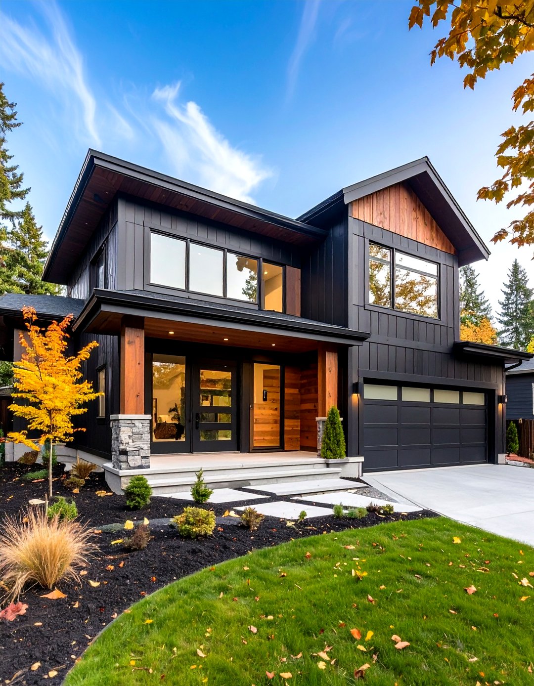 24 Black House with Cedar Accents for Warm Curb Appeal - Too Much Time