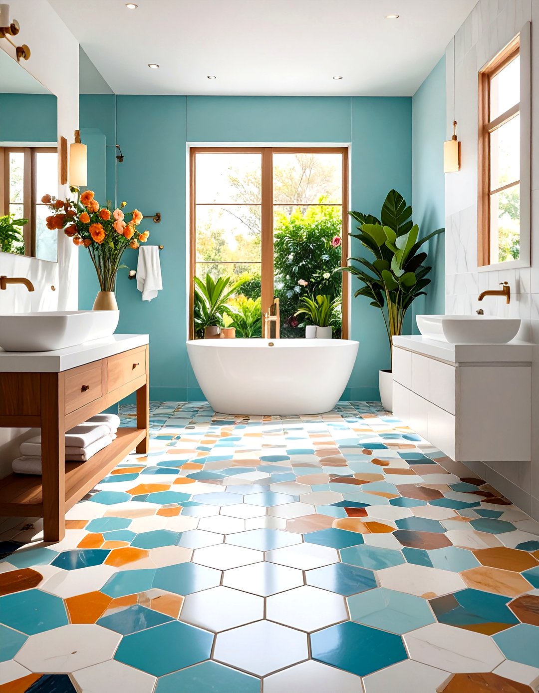 24 Bathrooms with Hexagon Tile Floors to Brighten Baths - Too Much Time